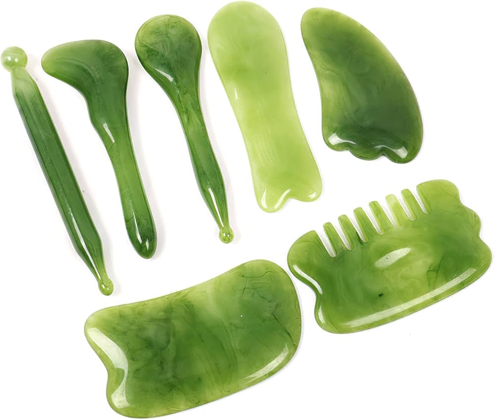 7 Pcs SPA Scraping Massage Tool, Jade Tool for Body Face Back Leg Head Muscle Release and Tension Relief (Green)