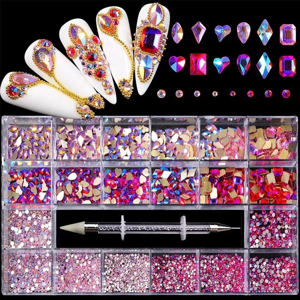 Cuawan Nail Rhinestones - Professional Nail Crystal Kit, Multi Shapes Glass Crystal